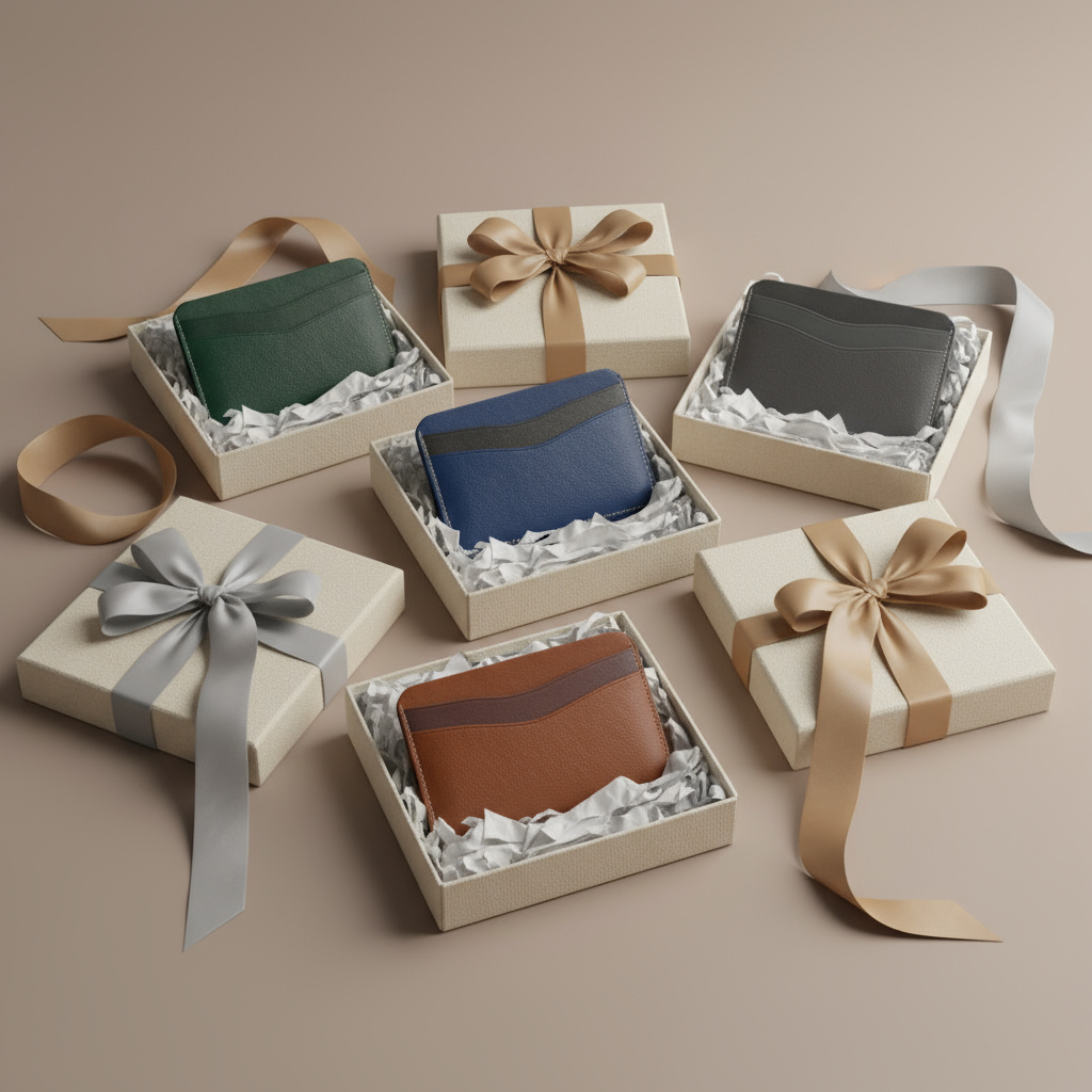 Leather cardholders arranged in premium gift boxes