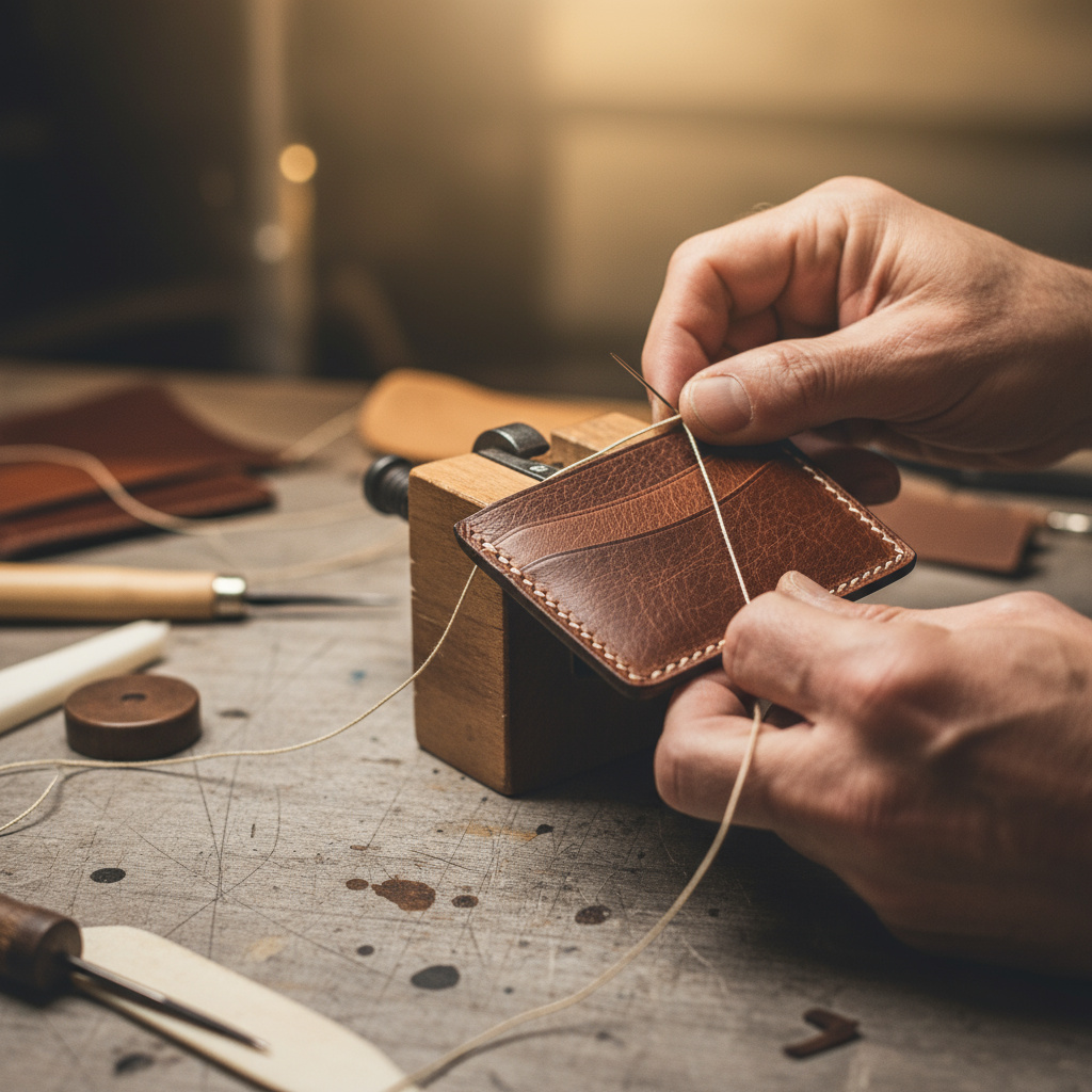 Artisan hand‑stitching a premium leather cardholder