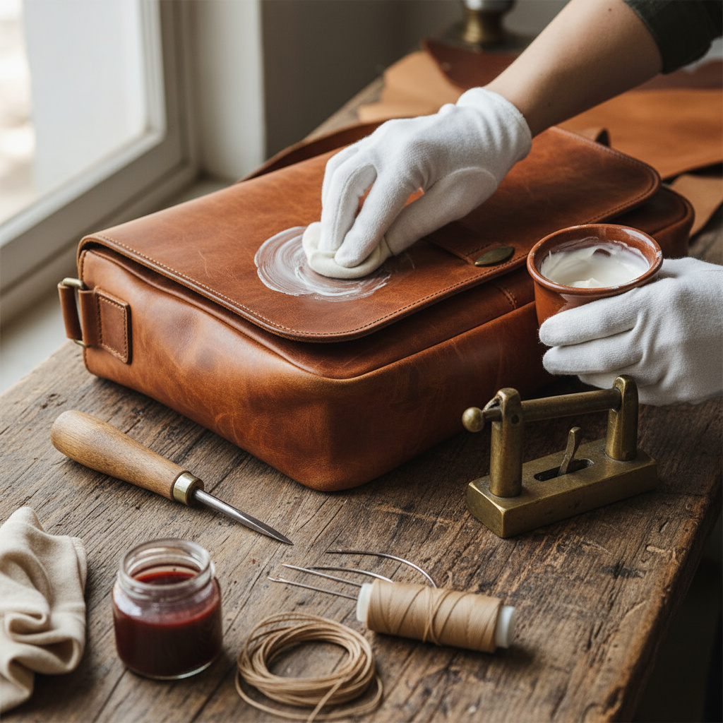 Leather care and conditioning tools with a treated item